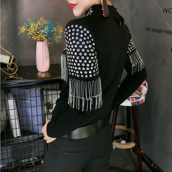 

2021 new spring fall cotton t-shirt korean clothes girls stand shiny hollow out rivet tassels women long sleeve tees t11909a eqbv, White