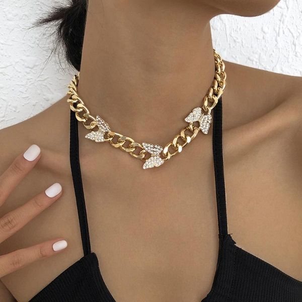 

chokers tarcliy punk exaggerated metal thick chain full rhinestone butterfly chocker necklace hip hop neck collar women jewelry, Golden;silver
