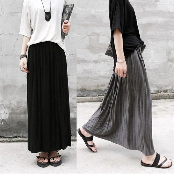 

autumn winter cotton elastic high waist skirts womens fashion streetwear vintage falda pleated long skirt female saia longa, Black;gray