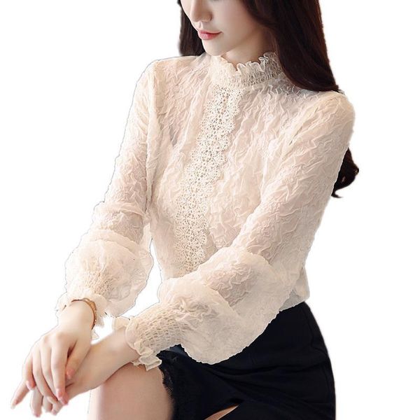 

women lace blouses embossing spliced ear regular chiffon shirt lantern sleeve casual ruffles lace blouse women shirts blusas, White