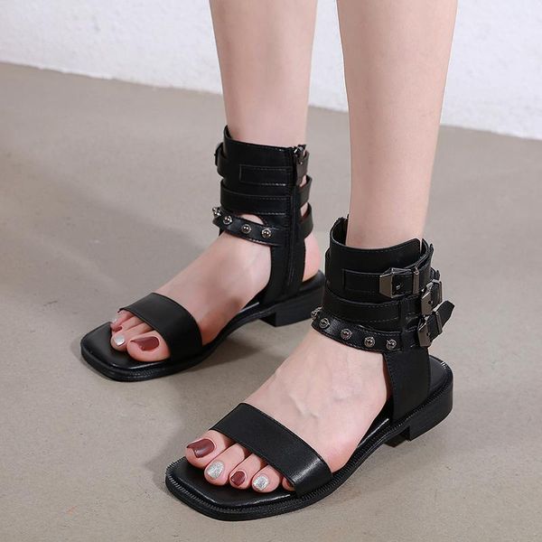 

dress shoes sandals women summer flat punk ankle buckle pu leather flats rivet womans femmes sandales, Black