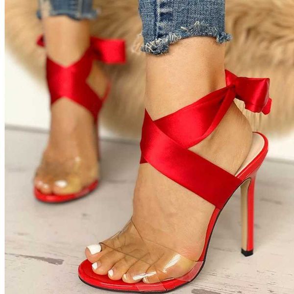 

dress shoes red thin high heel sandals cross-tied ankle strap slik plus size 40-43 2021 summer peep toe party ladies, Black
