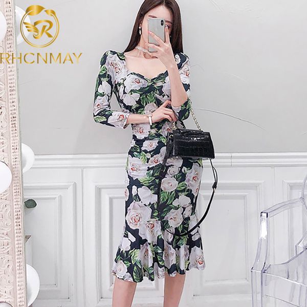 

2021 summer runway designer floral flower luxury mermaid party dresses vintage elegant lady v neck midi long dress vestidosswimwear bathing, Black;gray