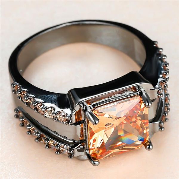 

wedding rings luxury female champagne crystal stone ring charm 14kt black gold for women promise square zircon engagement, Slivery;golden