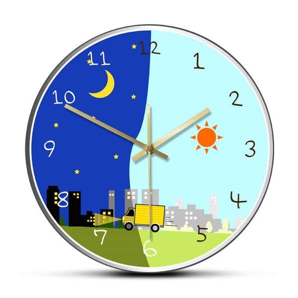 

wall clocks cartoon day and night acrylic printed time clock arabic numerals scene of the city non ticking hanging watch nursery decor