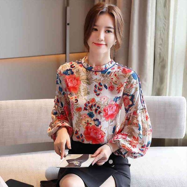 

fashion chinese style women blouses vintage floral spring fall blouse long lantern sleeve blusas mujer, White