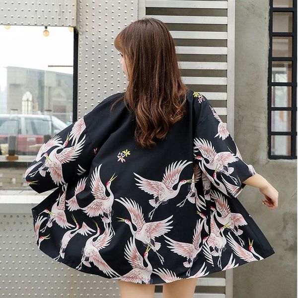 

Women's Trench Coats Japanese Kimono Women Yukata Female Summer Beach Cardigan Haori Obi Traditional Streetwear Shirt Cover Up, Tan;black