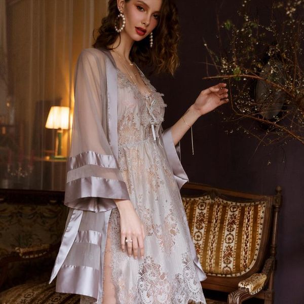 

grey nightgown bathrobe womens sleepwears morning wedding robes transparent lingerie underwear temptation mesh satin kimono robe, Black;red