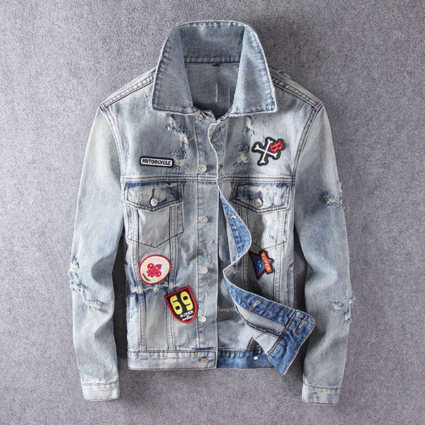

fashion streetwear men retro-blue torn designer patches denim male punk jackets hip chaquete fg9f, Black;brown