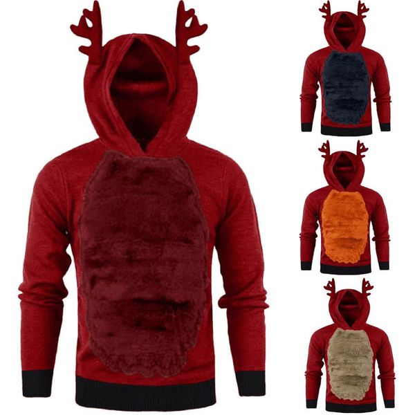 

men's hoodies & sweatshirts men hoodie xmas elk hoody sweatshirt fleece christmas sweater antlers hooded pullover clothing color block, Black