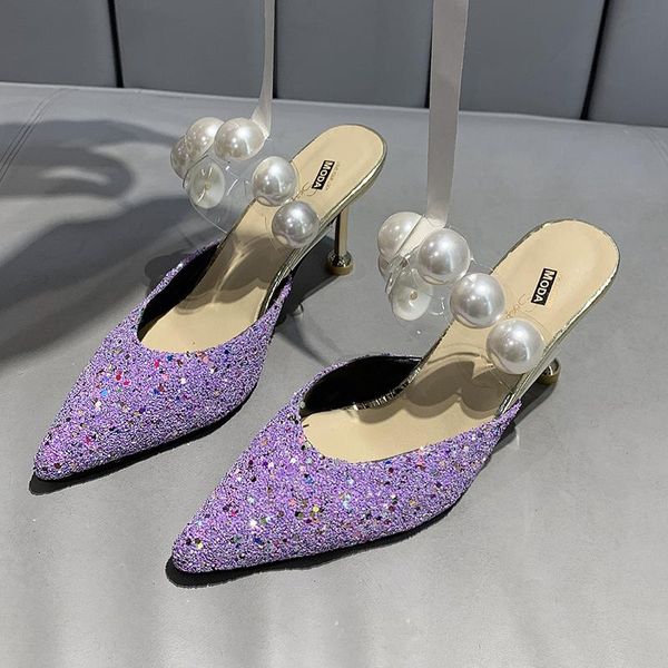 

slippers women's pointed toe slides summer mules sandals high heel ladies rome shoes women mujer, Black