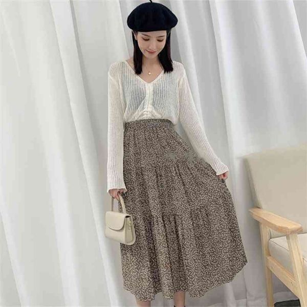 

autumn & spring arrival high waist slim casual chiffon a-line long skirt retro floral elastic 210527, Black