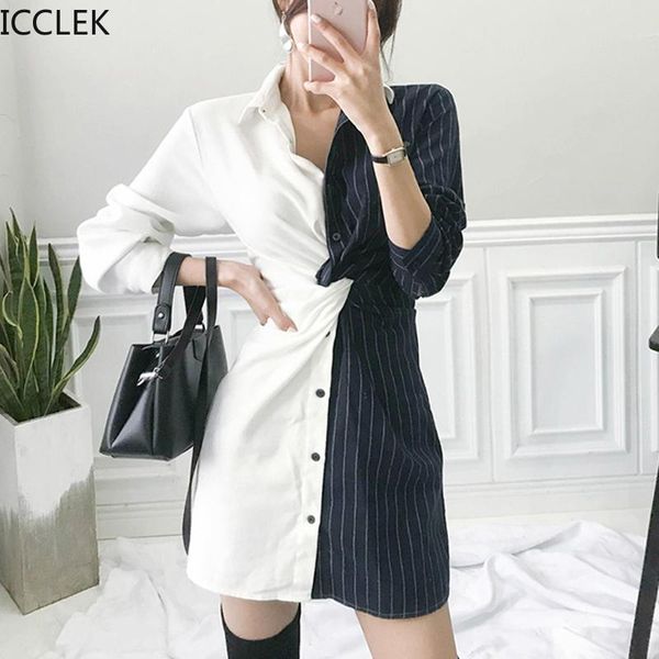 

casual dresses icclek autumn women korean temperament stitching striped waist elegant offoce work party dress, Black;gray