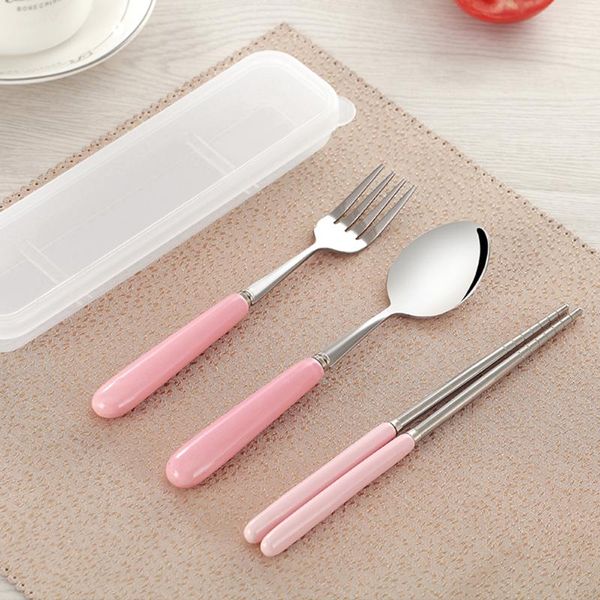 

dinnerware sets stainless steel chopsticks spoon fork cutlery set ceramic handle portable tableware with case for travel home camping )