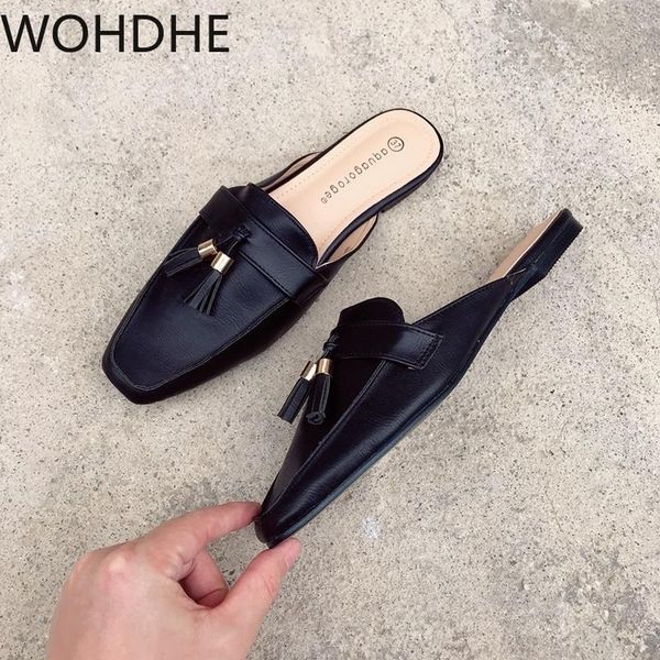 

slippers square toe flat bottom fashion women's summer shoes tassel button decoration leather casual loafers flip flops, Black