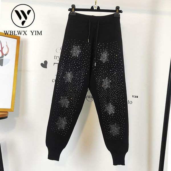 

women's pants & capris high waist harem women elastic knitting sweatpants fashion beaded casual joggers female long trousers quality, Black;white