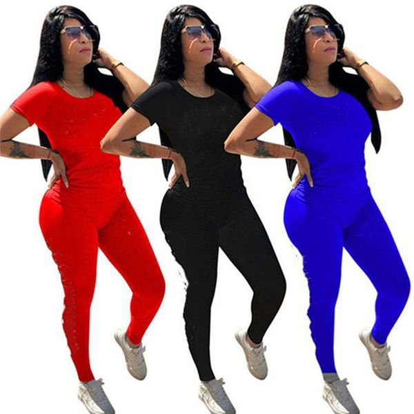 

women clothing spring summer two piece set short sleeve t-shirt+pants solid color sports suit crew neck outfits letter tracksuit 2918, Gray