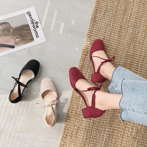 

retro woman shoes closed toe sandals cross shallow mouth 2021 summer med block heels cross-shoes suit female beige original velv, Black