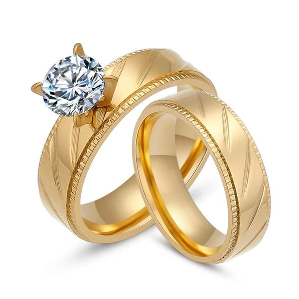 

wedding rings 2pcs/set stainless steel for women gold color band cut cubic zirconia engagement ring round fashion jewelry 2021, Slivery;golden