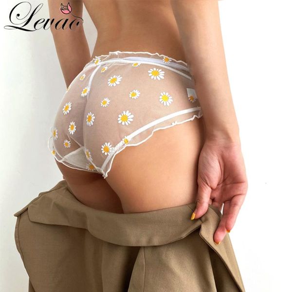 

women's panties levao daisy print cute mesh underwear transparent female hollow out string temptation thong seamless briefs, Black;pink