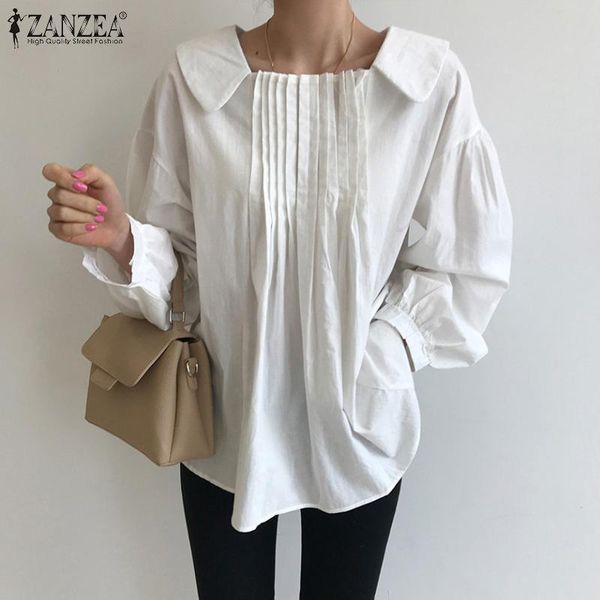 

women's blouses & shirts zanzea 2021 puff sleeve elegant spring pleated blusas female lapel solid tunic casual chemise, White