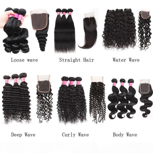

factory price 8a unprocessed brazilian virgin hair 3 bundles with 4*4 lace closure straight hair body loose deep curly water wave, Black