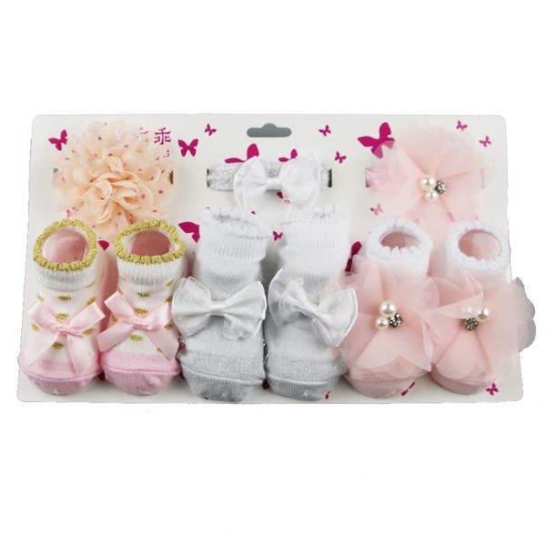 

socks born baby girl boy sock headband set cute cotton bowknot anti-slip lace 3pcs gift outfits, Pink;yellow