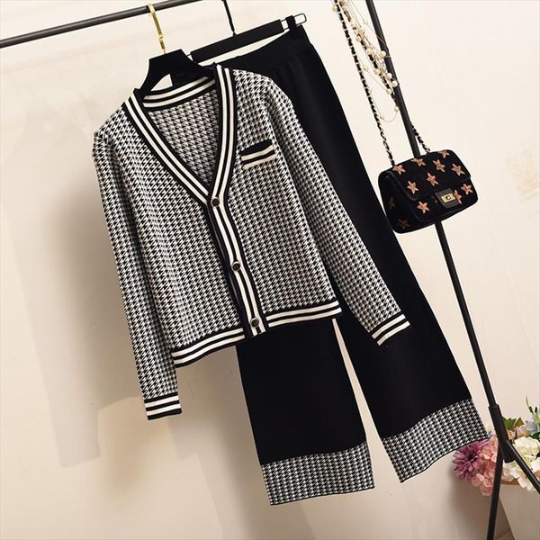 

autumn knit 2 piece set womens pants houndstooth cardigan sweater wide leg two outfits crop trousers suits, White