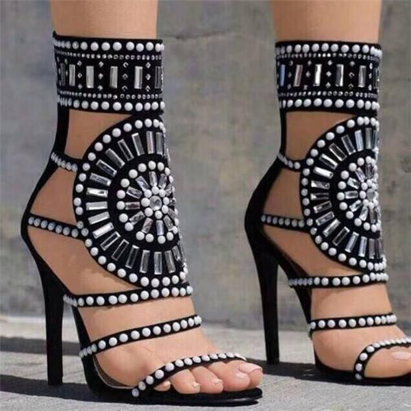 

new women black rhinestones rome shoes gladiator open toe high heels boots straps cut out ladies dress crystal party sandal