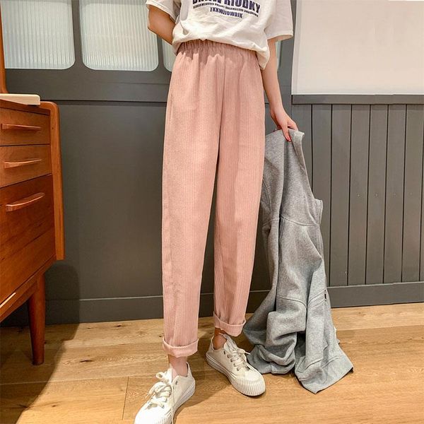 

2021 spring autumn korea fashion women elastic waist solid loose ankle-length pants all-matched casual harem pants femme v82, Black;white