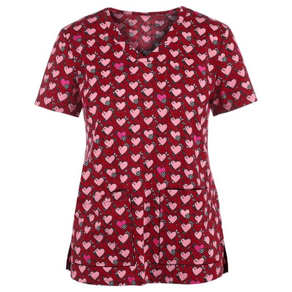 

women's t-shirt 2021 plus size women cute love print nursing t shirt casual short sleeve uniforms v-neck pocket clothes, White