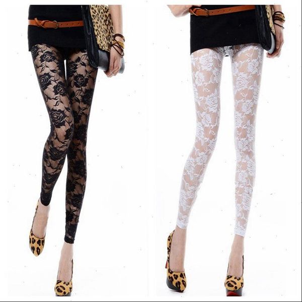 

new retro net yarn lady rose lace elegant through leggings pants footless black white women summer skinny nine pants f0206