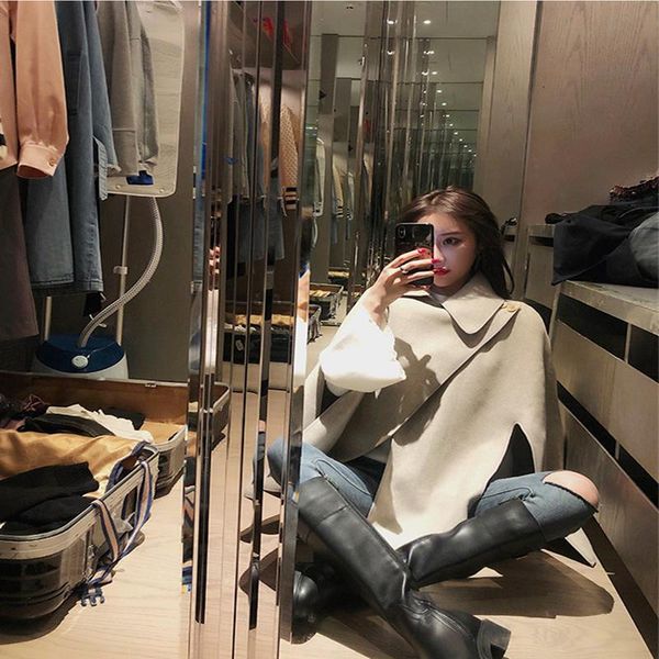 

women's wool & blends 2021 autumn winter loose cloak shawl short coat tweed female celebrity xiaoxiang, Black