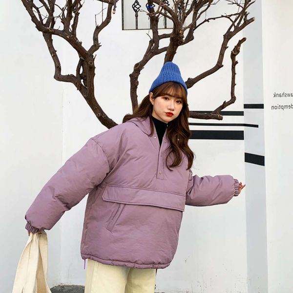 

college korean winter women's loose purple bread clothes style pullover sweater cotton padded jacket student coat, Black