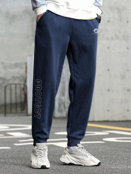 

men deer and letter graphic drawstring waist joggers p7qh#, Black