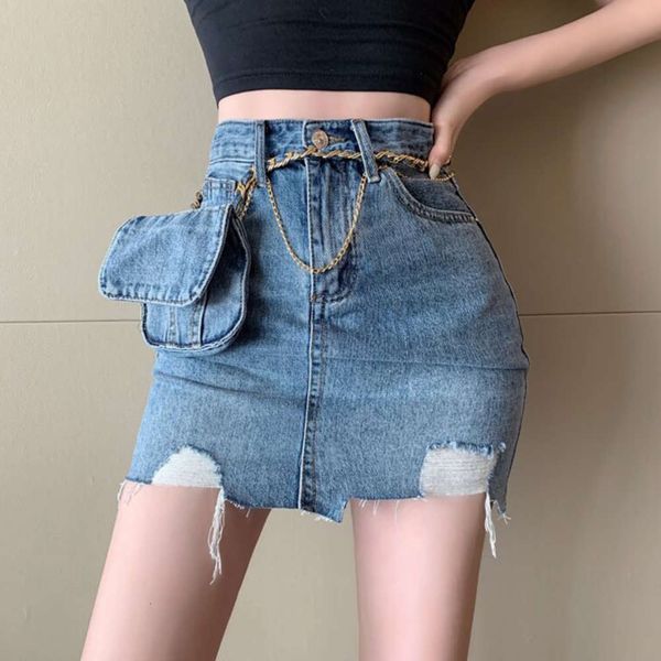 

denim a-line women's new summer dress 2021 hip irregular tight elastic skirt, Blue