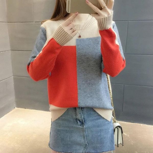 

women's sweaters harajuku kpop sweater women winter warm knitted pullover loose contrasting colors long sleeve round neck, White;black