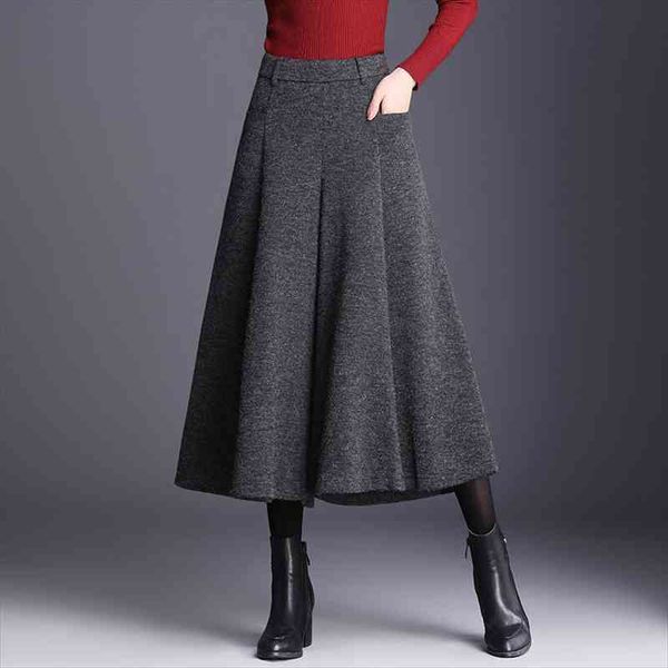 

black gray wide-leg autumn winter womens capris woolen flavor trousers high waist culottes 667a, Black;white