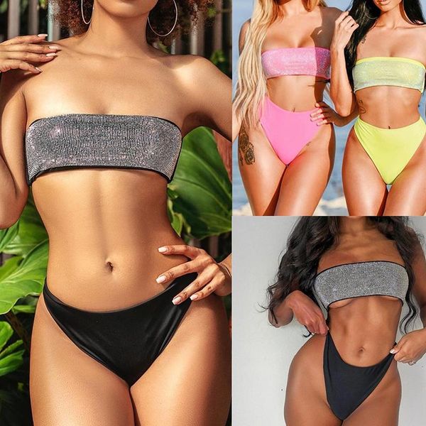 

one-piece suits glitter strapless swimsuit female bling rhinestone bandeau bikini sets women low waist swimwear bikinis brazilian bathing