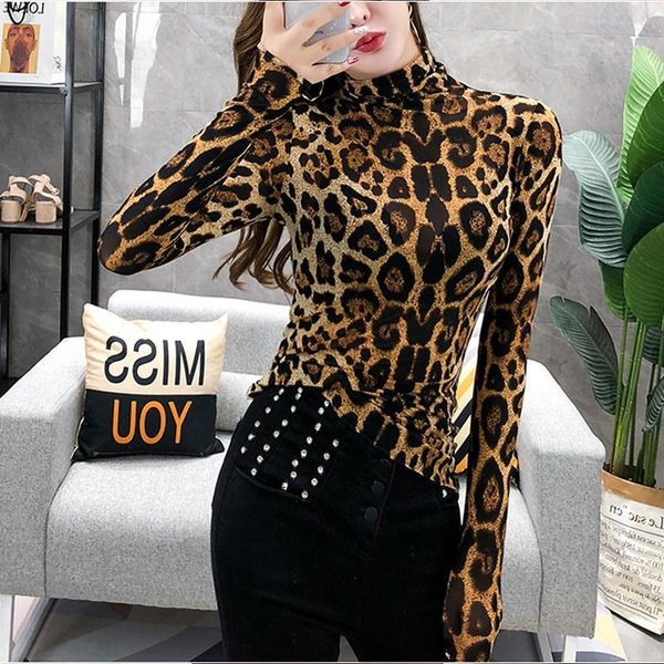 

leopard t-shirt women spring turtleneck stretchy slim long sleeve t shirt tee ropa mujer t9d602y, White