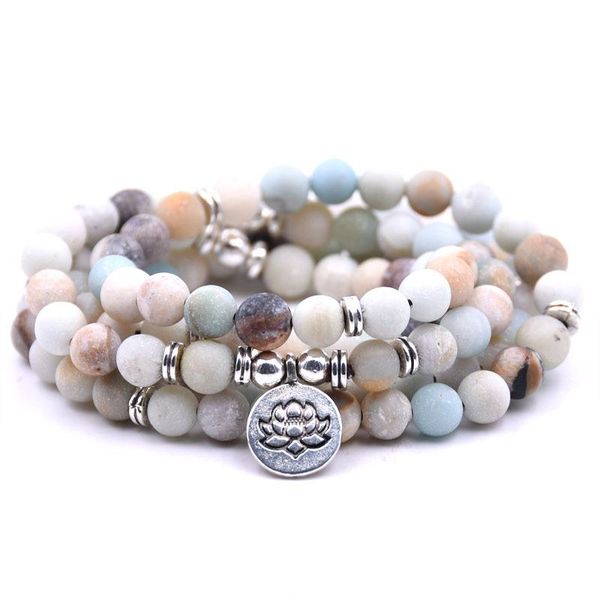

cuff fashion women`s bracelet matte frosted amazonite beads with lotus om buddha charm yoga 108 mala necklace drop, White