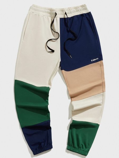 

men letter graphic color block drawstring waist sweatpants j4xj#, Black