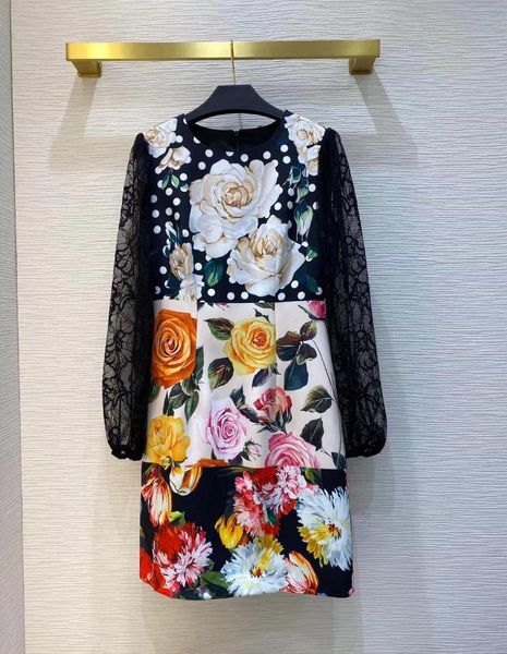 

casual dresses 2021 summer women runway flowers print dress lace patchwork o-neck long sleeves empire mini, Black;gray