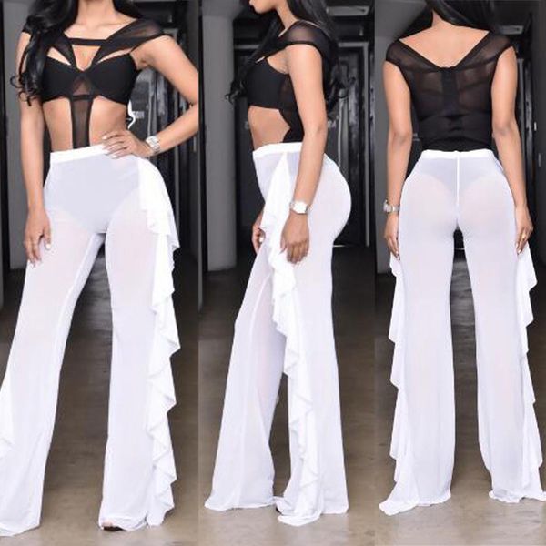 

woman shorts see-through mesh pants for vacation beach trousers side ruffles loose long pants club trousers femme pantalon, Gray