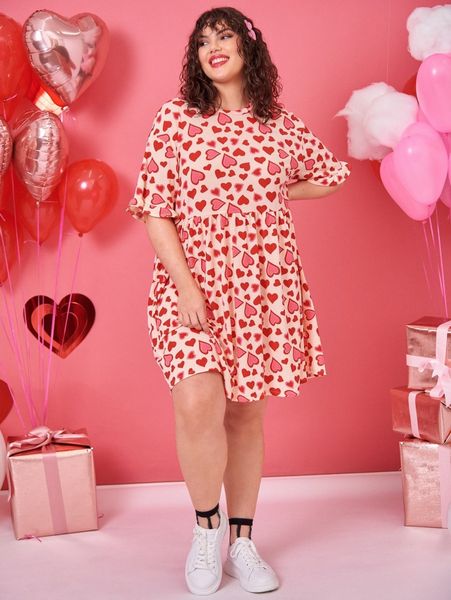 

plus flounce sleeve allover heart print dress n0el#, Black