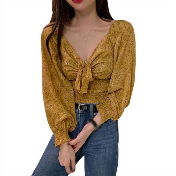 

fashion floral print women shirt v neck exposed navel chiffon long sleeve, White