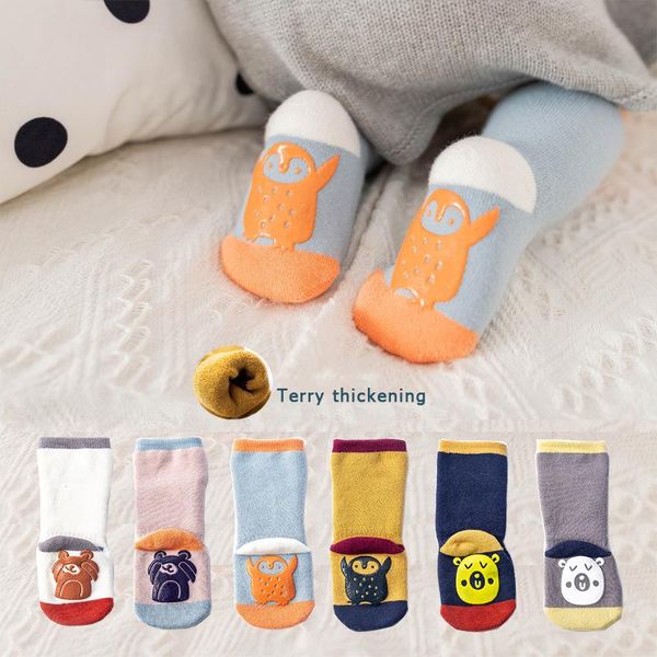 

socks born baby winter autumn thick warm non-slip girls boys floor cartoon bear toddler kids 1-3year, Pink;yellow