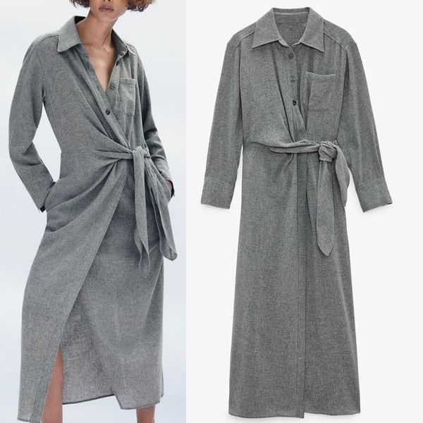 

autumn 2021 new grey knotted midi women fashion sleeve collared wrap long dress side knot tie button up casual dresses czb4 2yaz, Black;gray