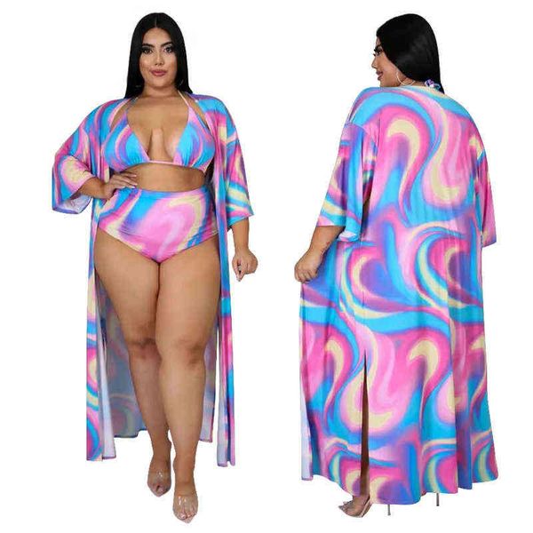 Holiady Beach Women Plus Size Bikini Suits Summer Gradient Color Print Halter Bra + Underwear + Cardigan alla caviglia Set 211116
