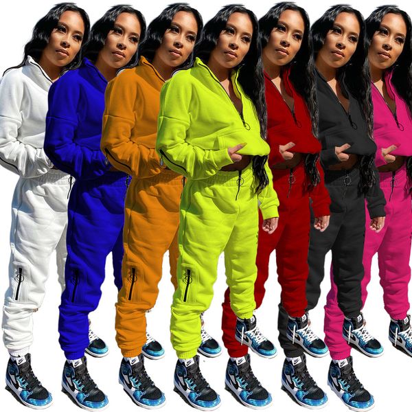 

2021 new solid color zipper pockets hoodies & stacked sweatpants jogger women two piece outfits autumn winter thicken tracksuits 8oif, Gray